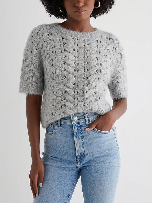 Express Open Stitch Cable Knit Short Sleeve Sweater in Heather Gray - Medium
