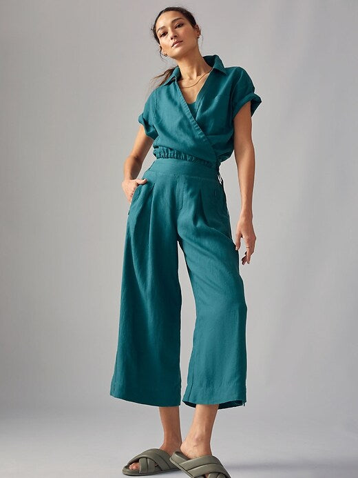 Athleta Blue Pleated Linen Pants - 6