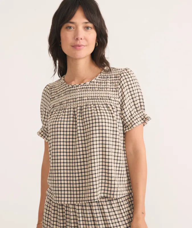 Marine Layer Elena Smocked Top in Parchment/Black Windowpane - Medium