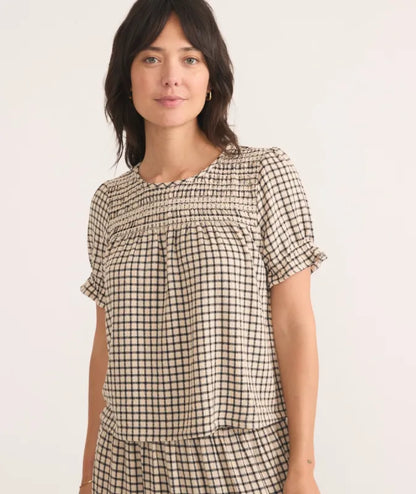 Marine Layer Elena Smocked Top in Parchment/Black Windowpane - Medium