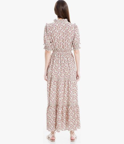Max Studio White w/Red Flower Tiered Maxi Dress - Medium
