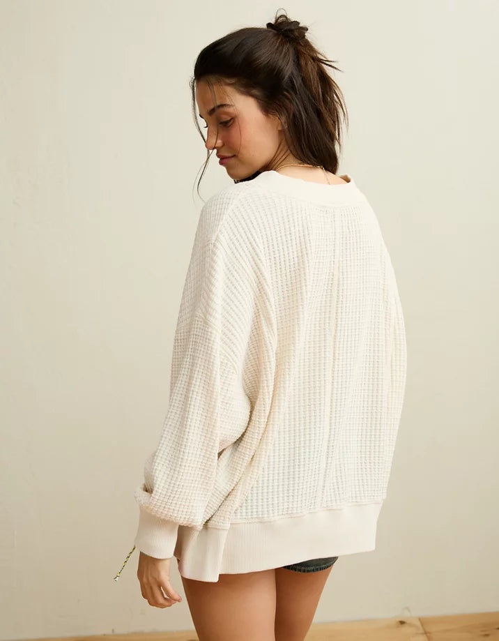 American Eagle Big Hug V-Neck Waffle Sweatshirt in Cream  - Large