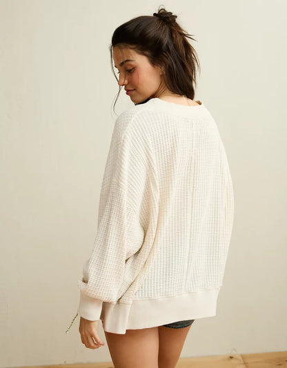 American Eagle Big Hug V-Neck Waffle Sweatshirt in Cream  - Large
