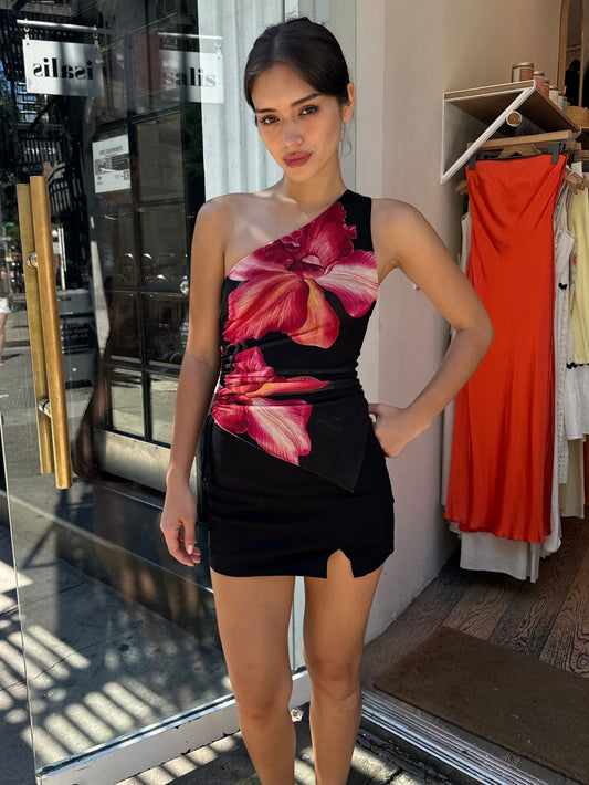 Emory Park Black Floral Asymmetric Mesh Tank - Small