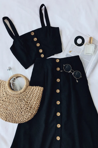 Lulus Black Button Front Midi Skirt Set - Small
