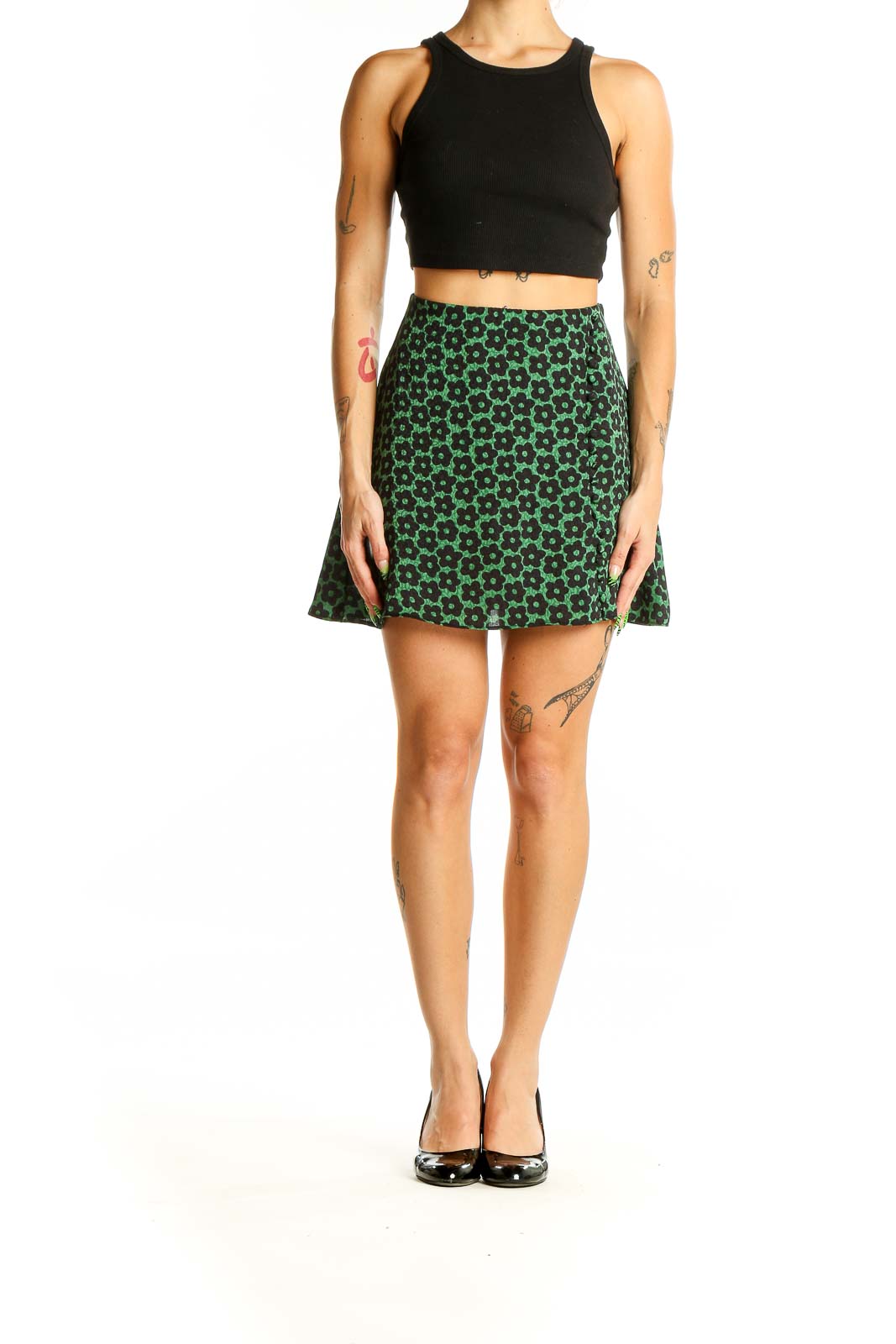 Urban Outfitters Green and Black Floral Button Mini Skirt - Small