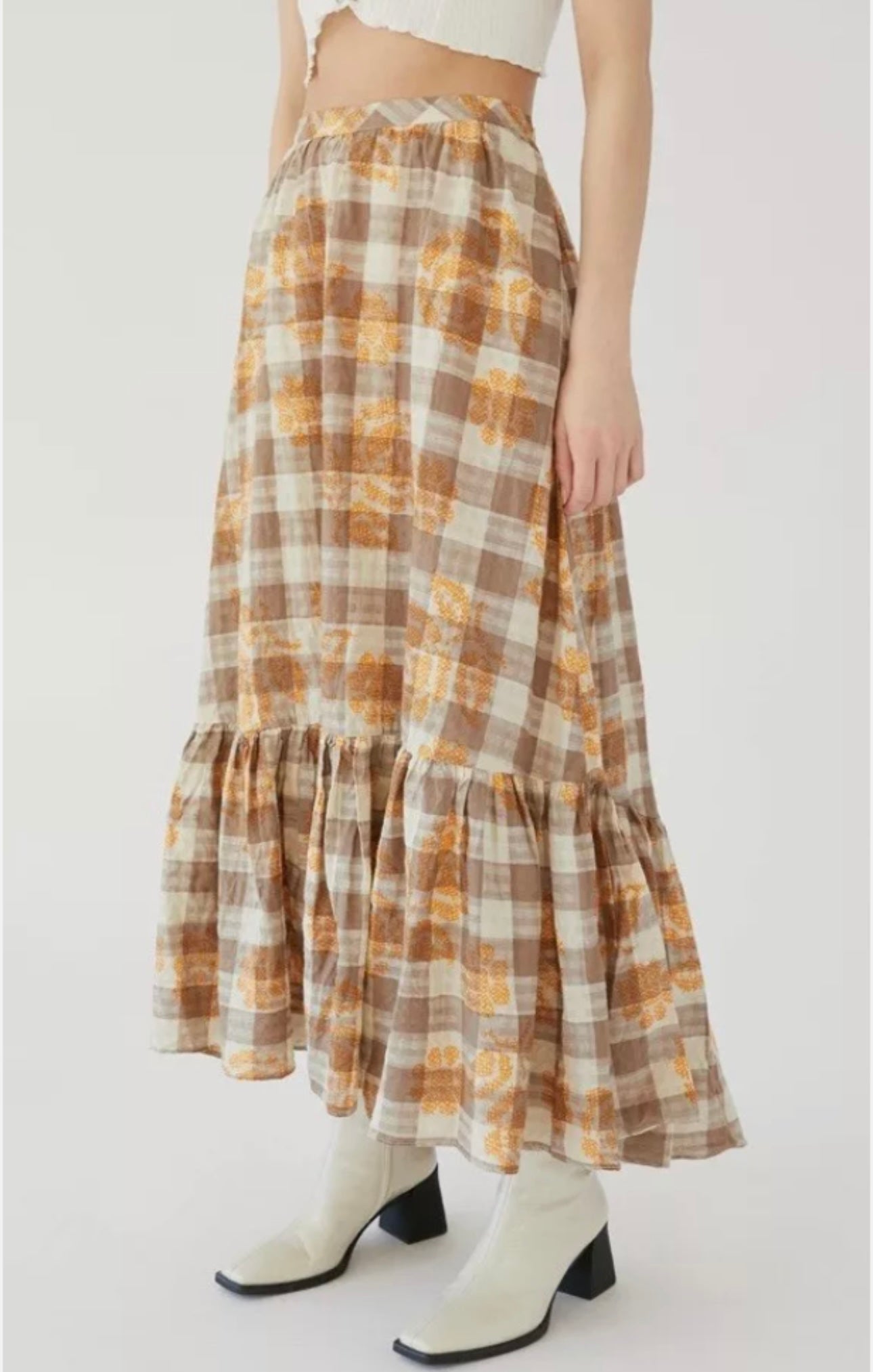 Urban Outfitters Cream & Brown Checkered Ruffle Bottom - Small