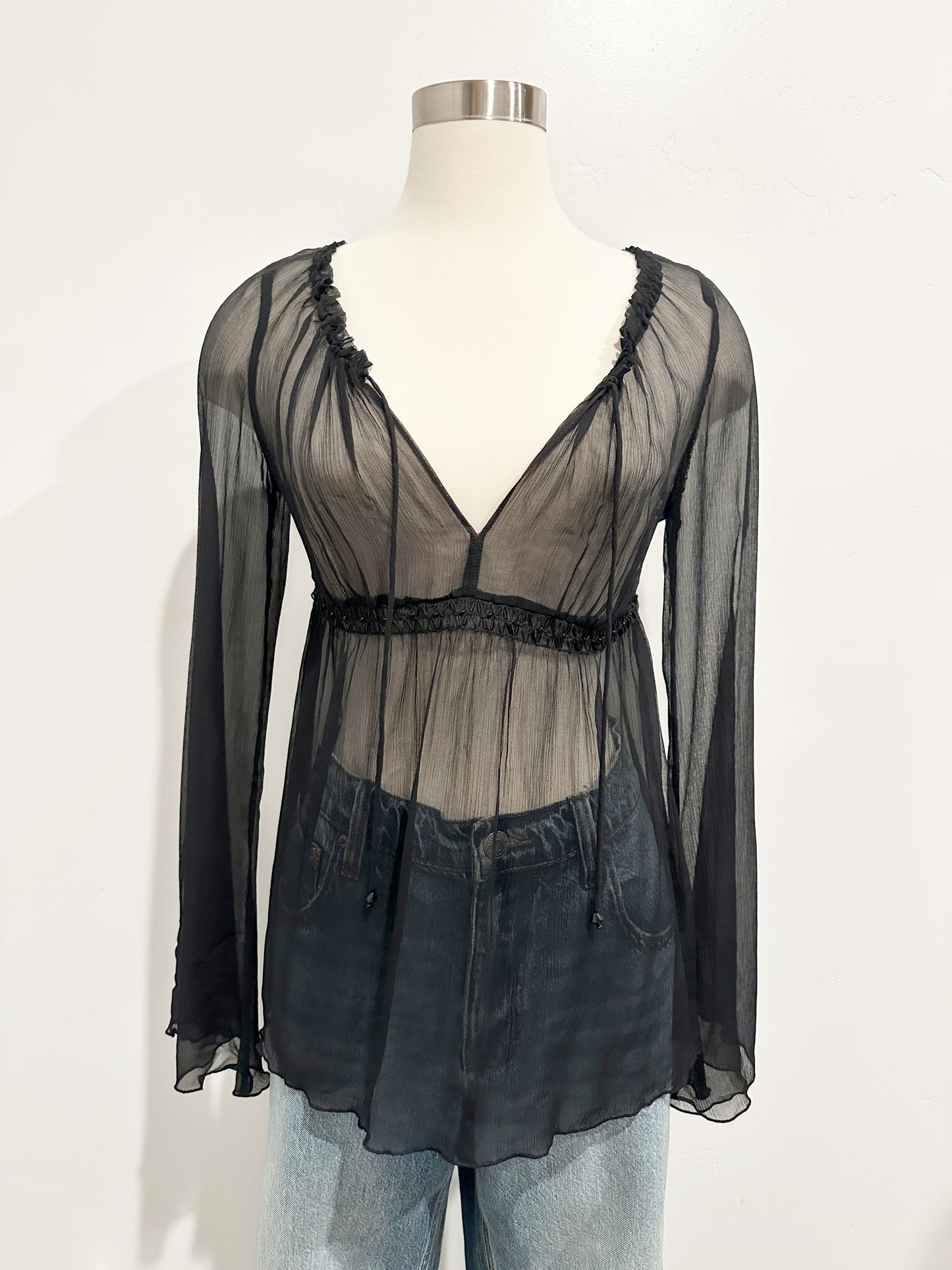 Express Y2K Black Sheer Beaded Flare Sleeve Blouse - XS