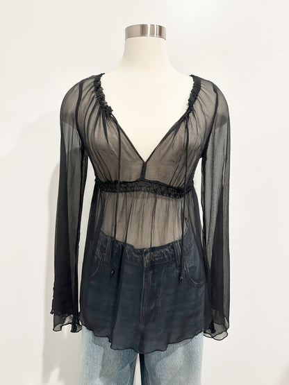 Express Y2K Black Sheer Beaded Flare Sleeve Blouse - XS