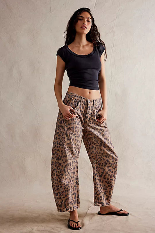 Free People Good Luck Leopard Printed Barrel Jeans - 27