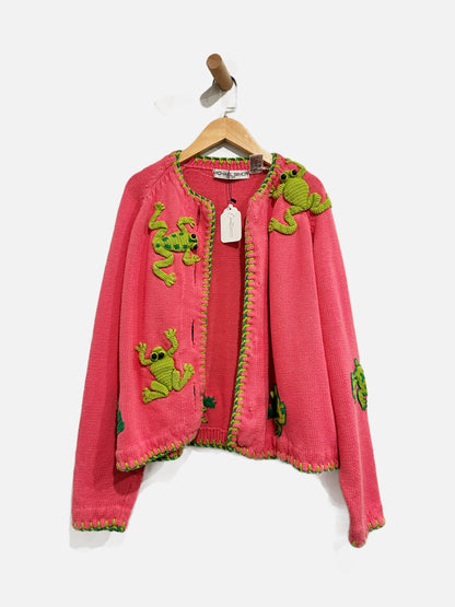 Vintage Michael Simon Pink Knit 3D Green Frogs Cardigan Sweater - O/S