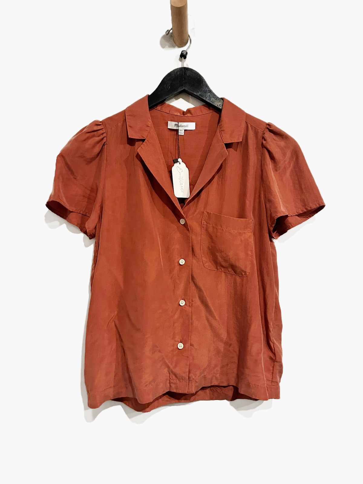 Madewell Silk Puff-Sleeve Camp Shirt in Weathered Brick - XXS