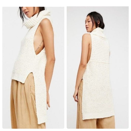 Free People Skyscraper Cream Cableknit Turtleneck Vest - Small