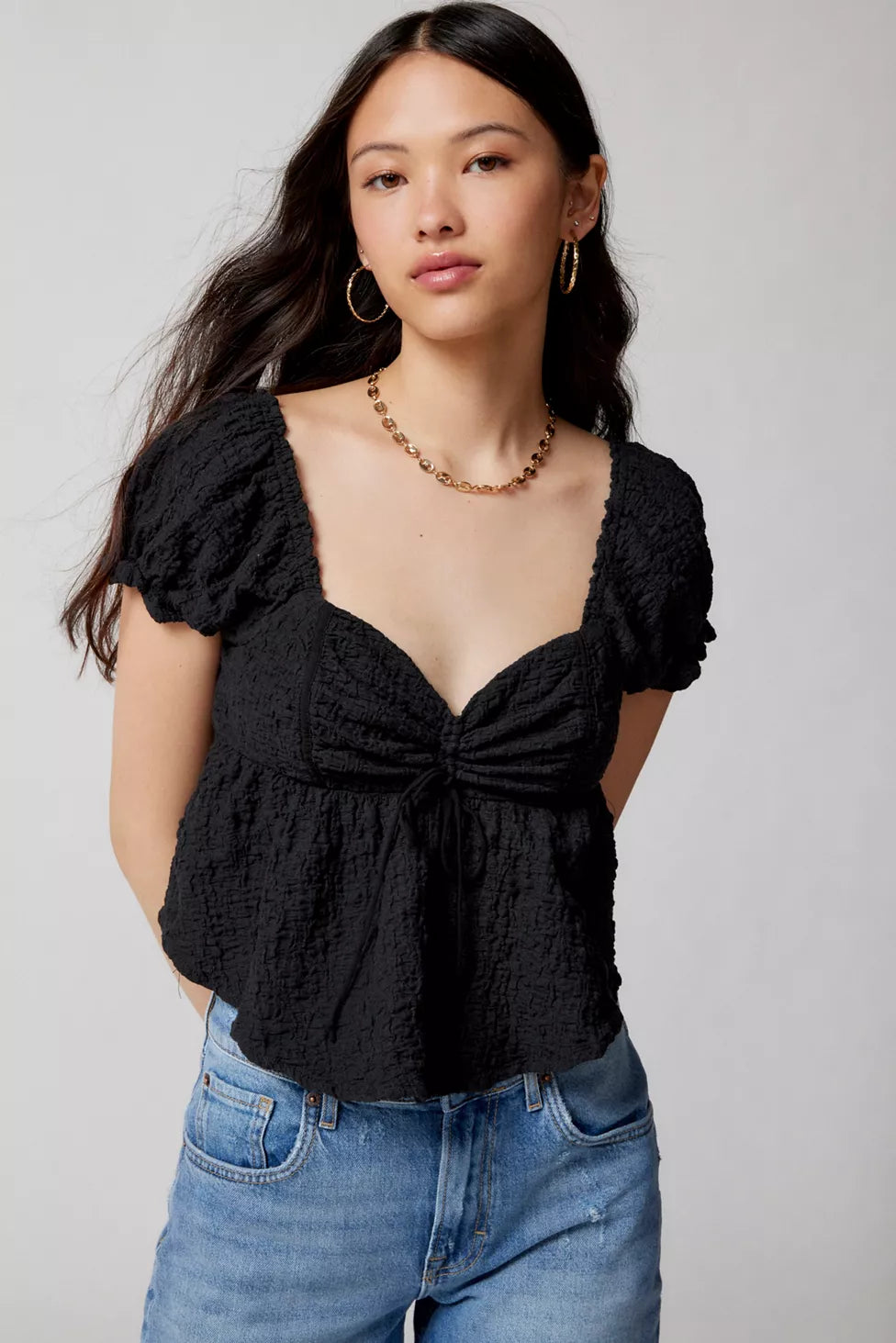 Urban Outfitters Beverly Textured Lace-Up Babydoll Blouse in Black - Small