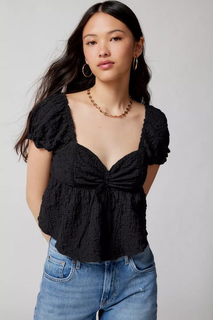 Urban Outfitters Beverly Textured Lace-Up Babydoll Blouse in Black - Small