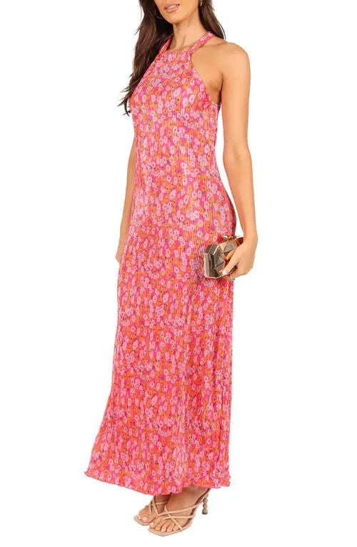 Petal + Pup Melody Plisse Pink Floral Halter Maxi Dress - XL
