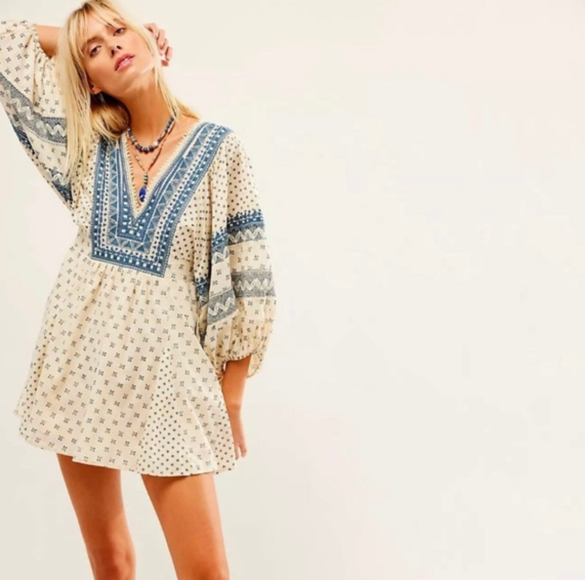 Free People Blue Embroidered Mini Dress - Medium
