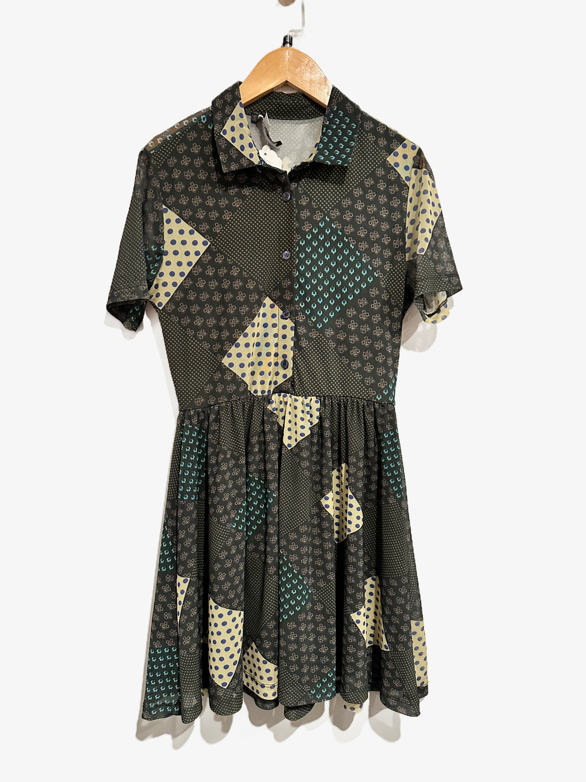 Urban Outfitters Mesh Green Printed Short Sleeve Dress - Small