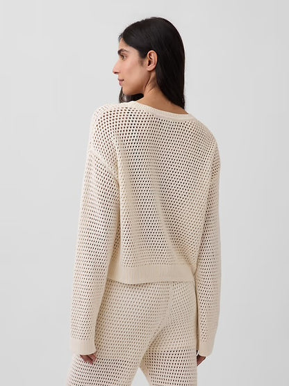 Gap Cotton Crochet Relaxed Sweater in Ivory Frost - Large