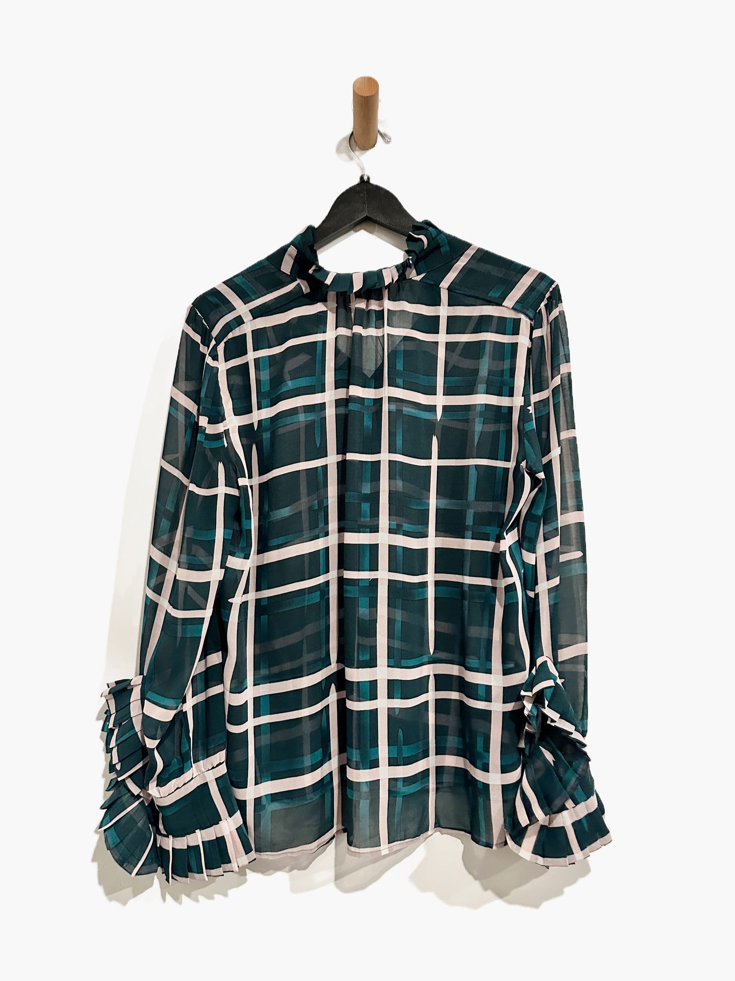 CAbi Cake Ruffle Green Plaid Blouse - Medium