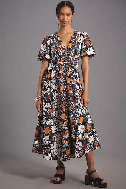 Anthropologie Black Floral Puff Sleeve Midi Dress - Small
