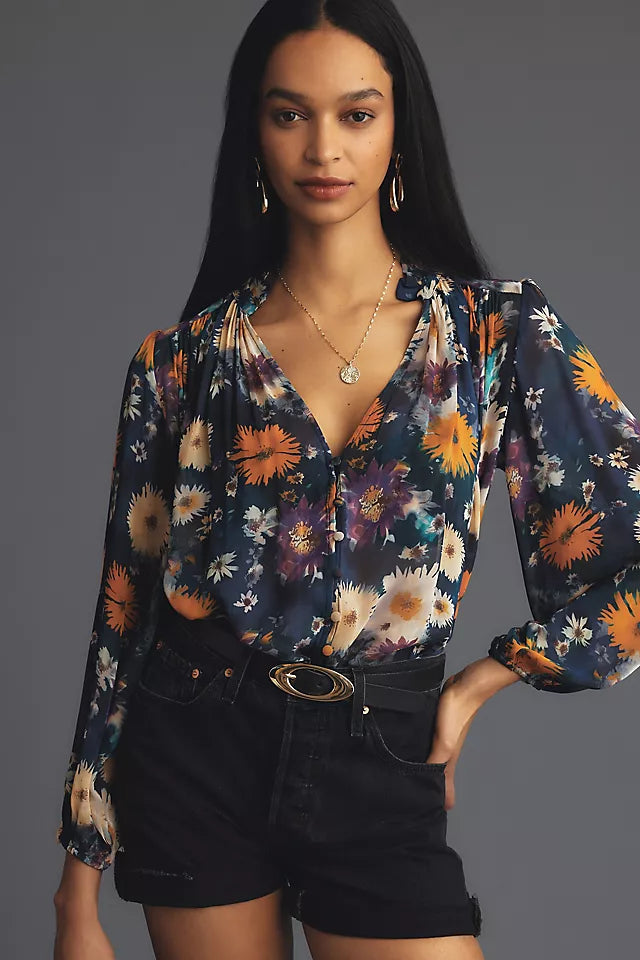 Anthropologie NWT The Estella Navy Floral Sheer Blouse - Large