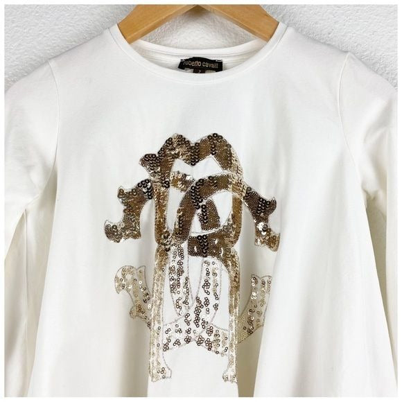 Roberto Cavalli Girl's White Gold Sequin Long Sleeve Top Size 7