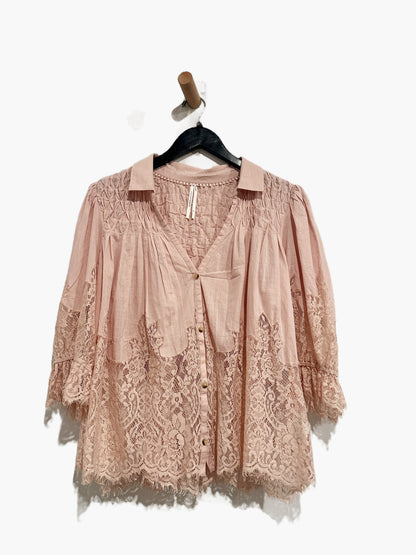 Anthropologie Victorian Sheer Lace Blouse in Pink - Medium