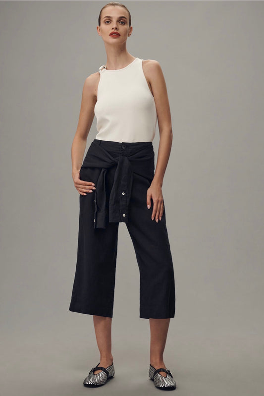 Anthropologie Linen Shirt-Tie Capri Pants in Black - 12