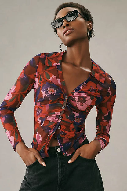 Anthropologie Maeve Floral Ruched Mesh Shirt - Small