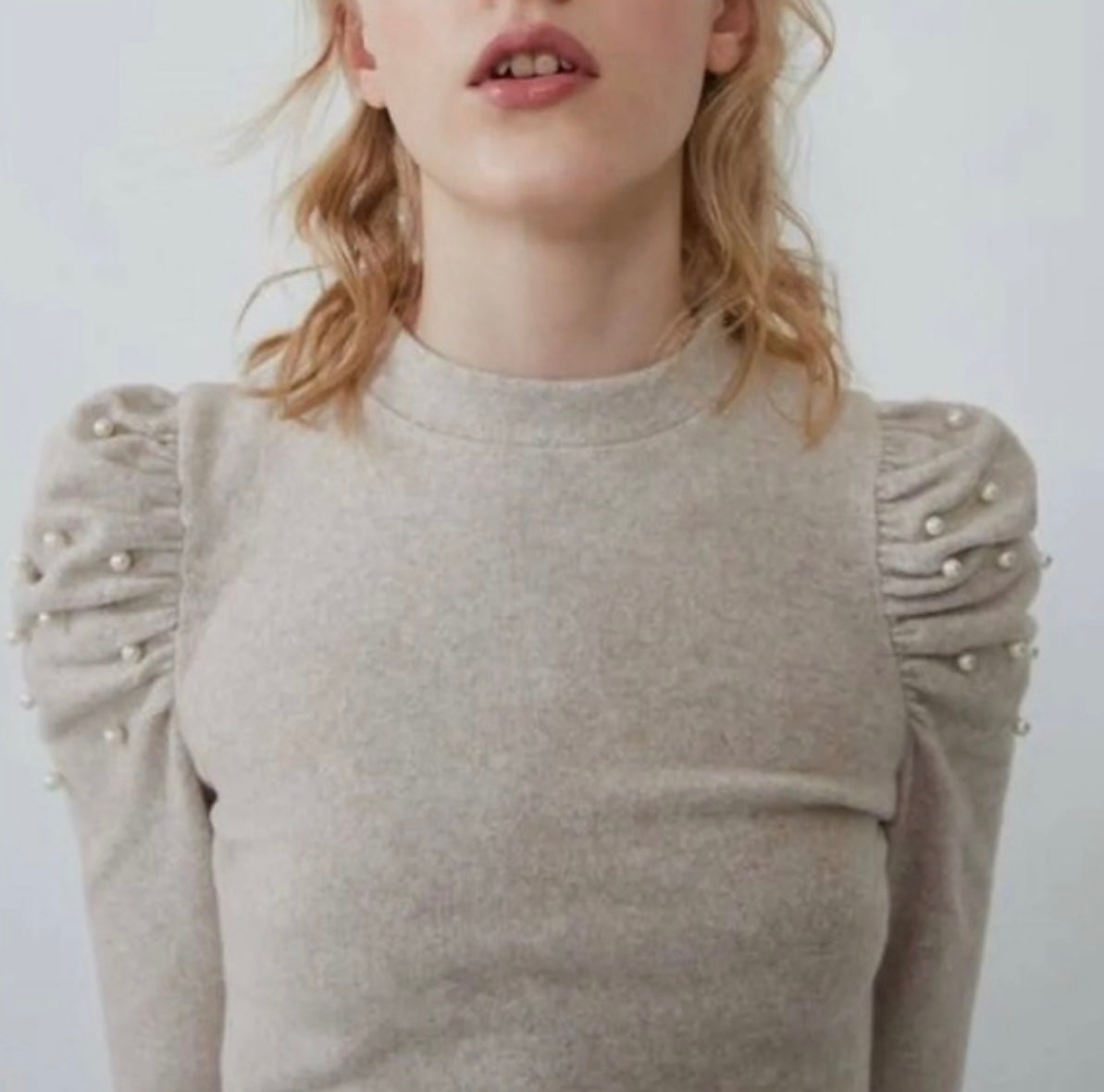 Zara Beige Pearl Sleeve Top - Medium