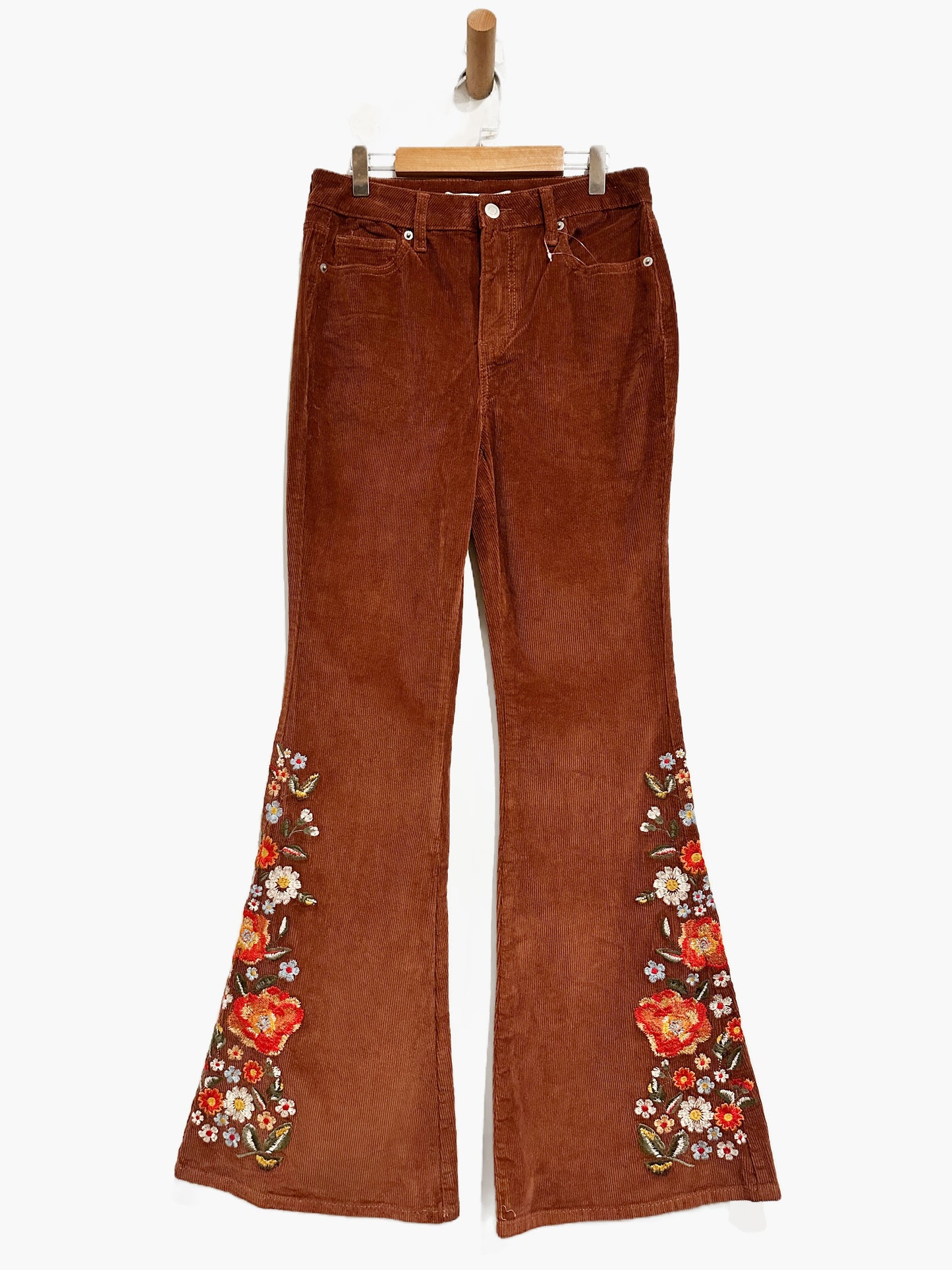NWT Altar’d State Emmaline Embroidered Corduroy Flare Pants in Rust - 25