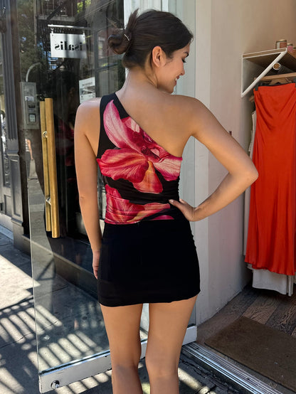 Emory Park Black Floral Asymmetric Mesh Tank - Small