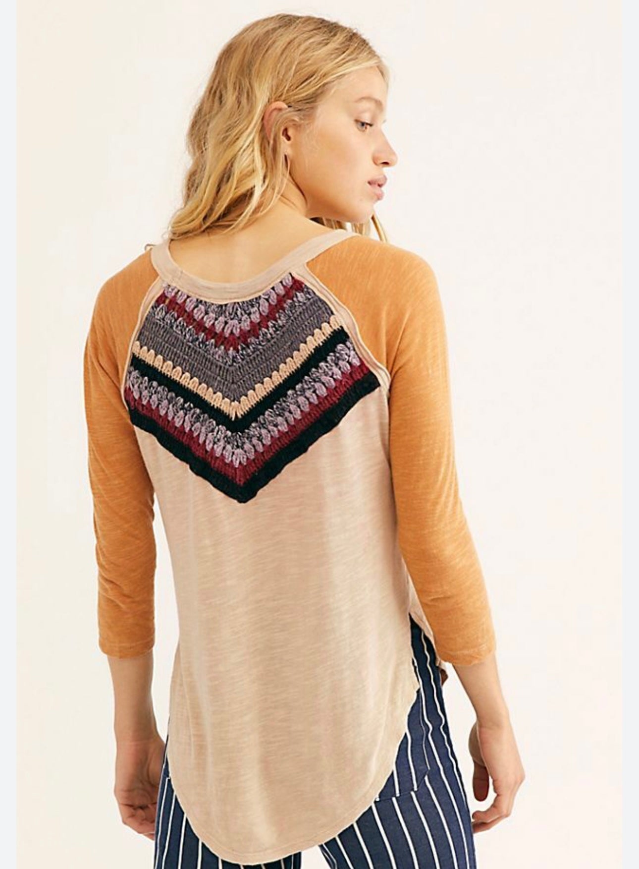 Free People Orange Multi Color Crochet 3/4 Sleeve Top - Large