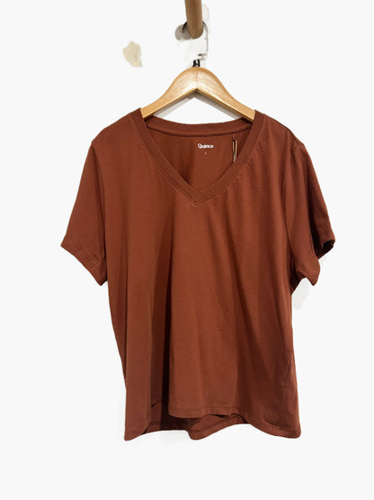 Quince NWT Cotton Boxy V-Neck Tee in Redwood Brown - Large