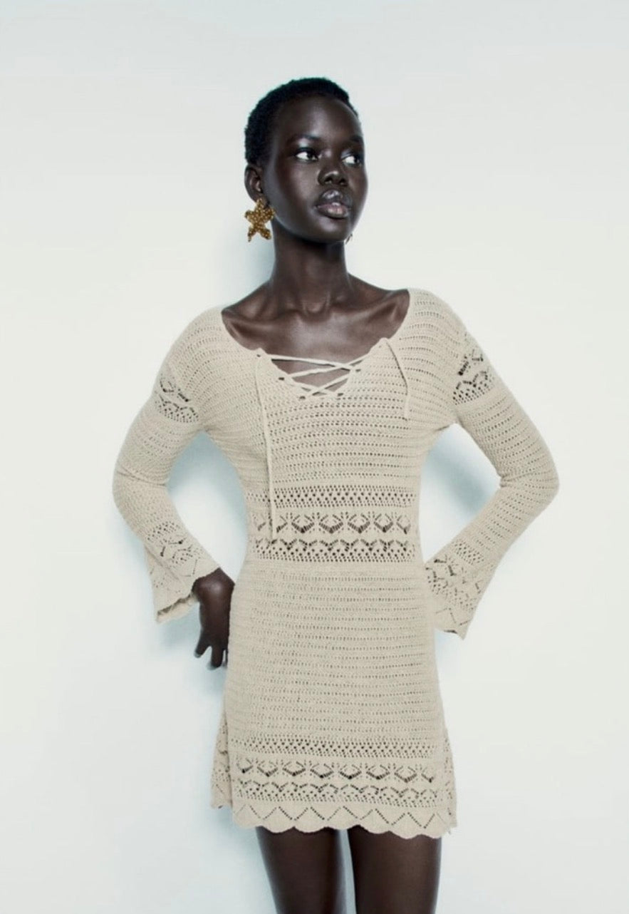 Zara Pointelle Openwork Knit Dress in Beige - Medium