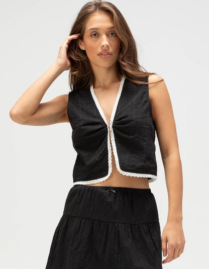 Rhythm Pearl Lace Trim Vest in Black - Small