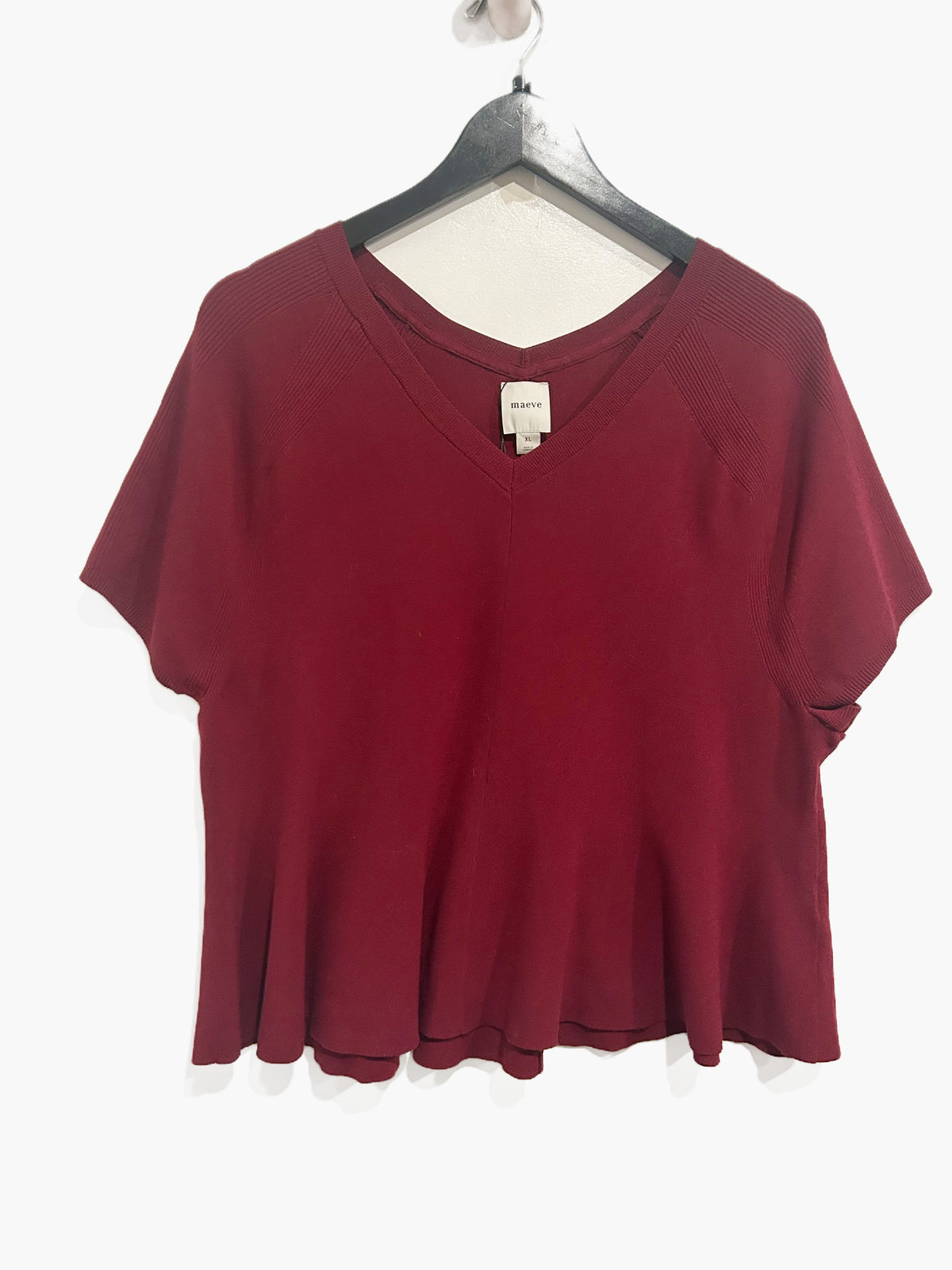 Anthropologie Maeve Short-Sleeve High-Neck Hourglass Ruffle Sweater in Wine - XL