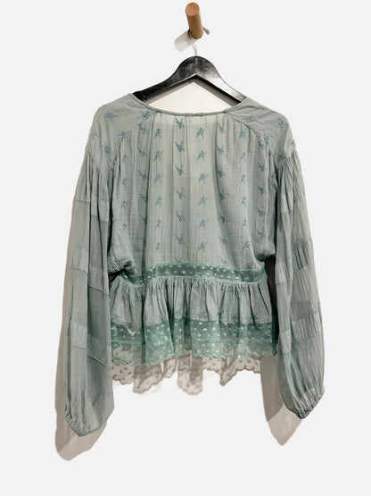 Free People Blue Embroidered Mesh Inlay Top - Small