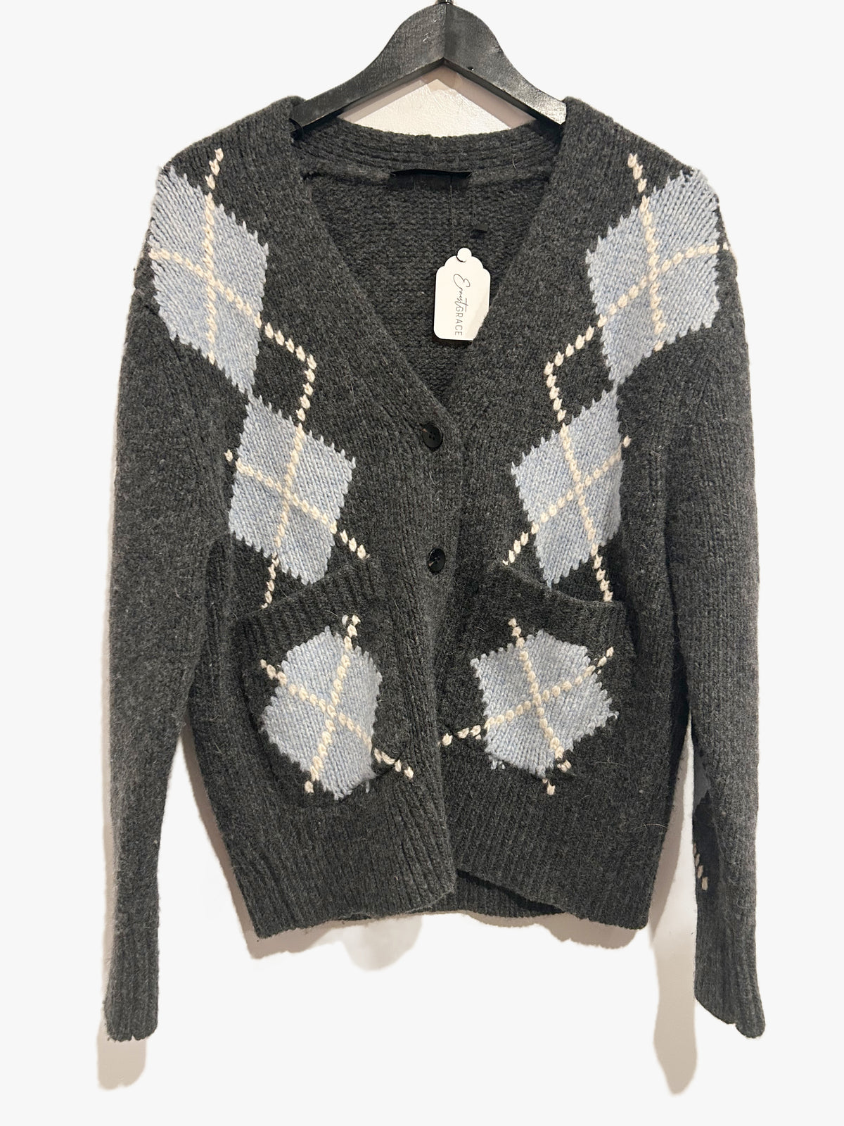 Zara Gray Wool Argyle Cardigan - Small