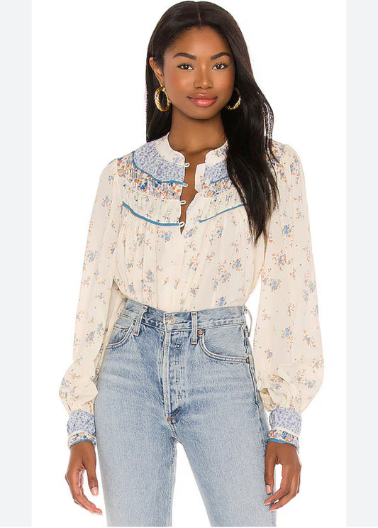 Free People Paloma Prairie Button Up Floral Blouse - Medium