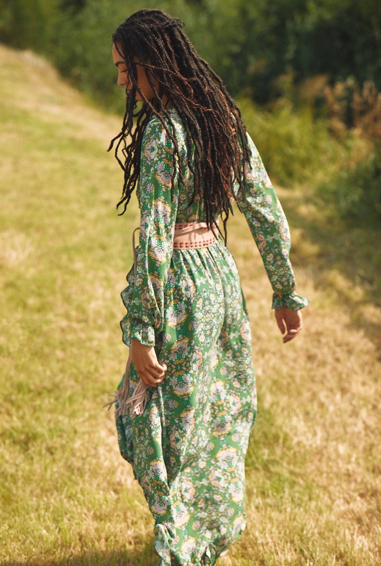 Anthropologie Green Floral Ruffle Maxi Dress - Small