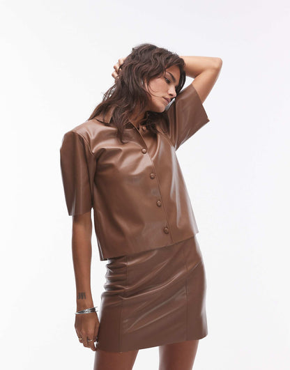 TopShop Brown Faux Leather Button Down - 8