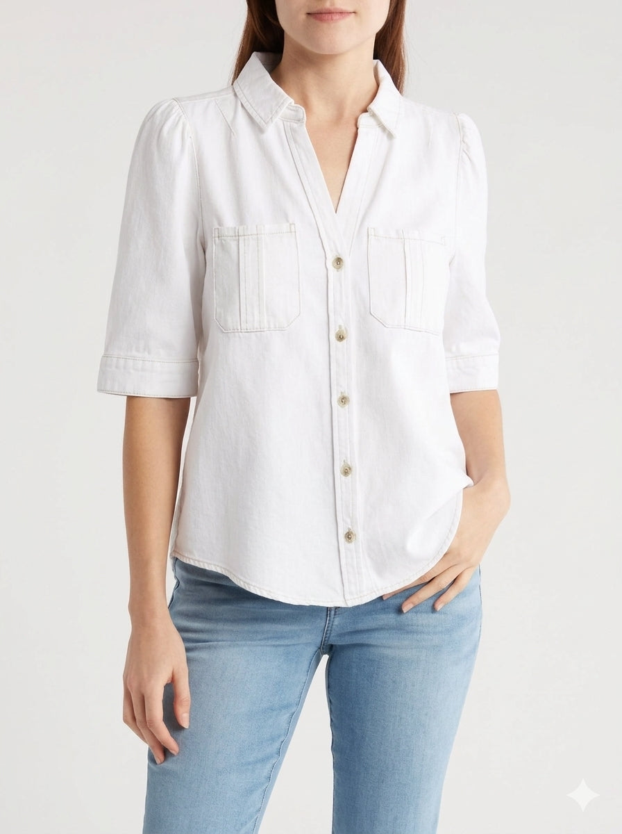 Democracy NWT White Short Sleeve Denim Button Down Shirt - Medium