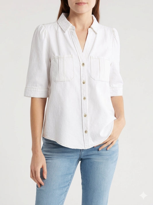 Democracy NWT White Short Sleeve Denim Button Down Shirt - Medium