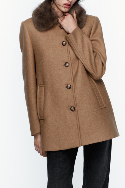 Zara Tan Coat with Faux Fur Collar - Small