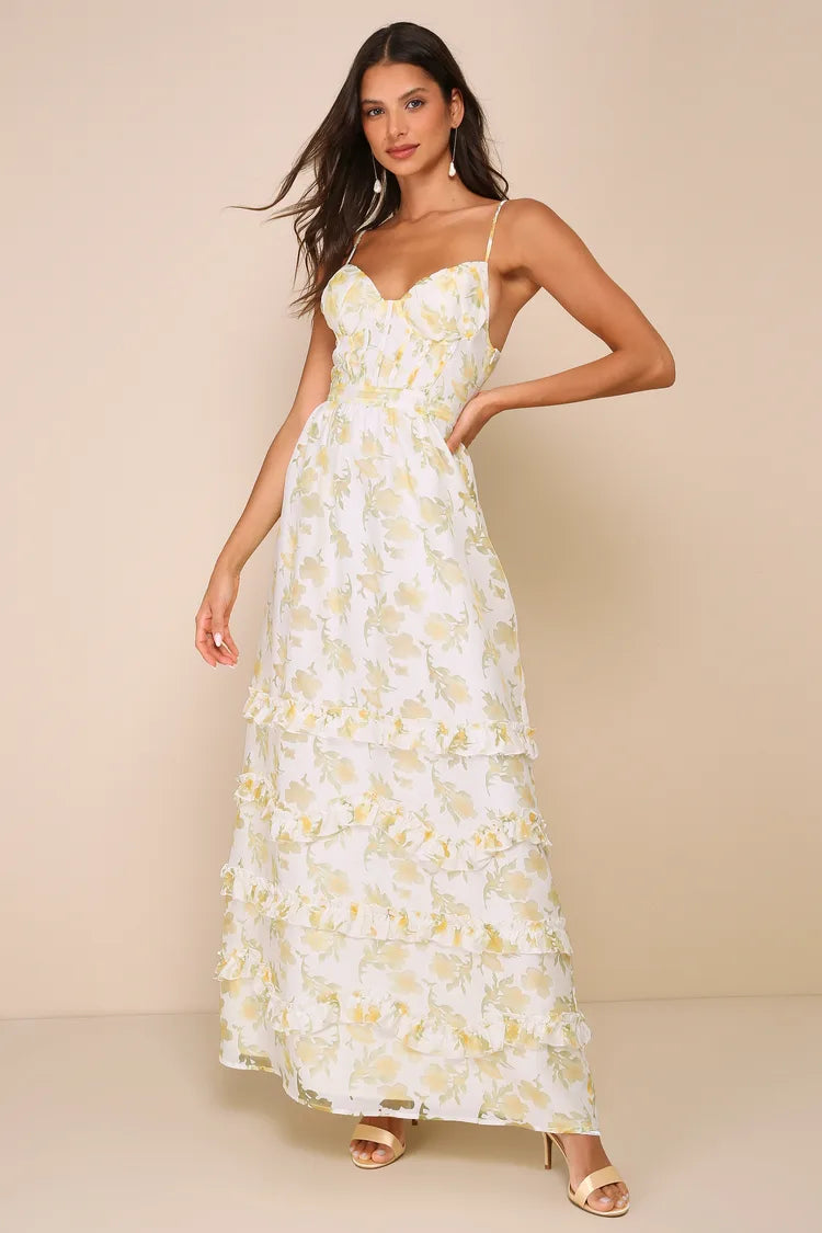 Lulus Yellow Floral Maxi Dress - Medium