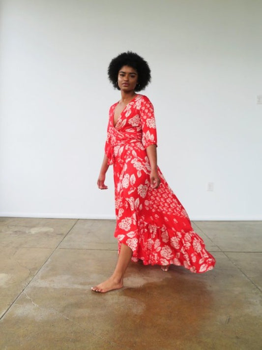 Tysa Red Floral Maxi Wrap Dress - 0/XS