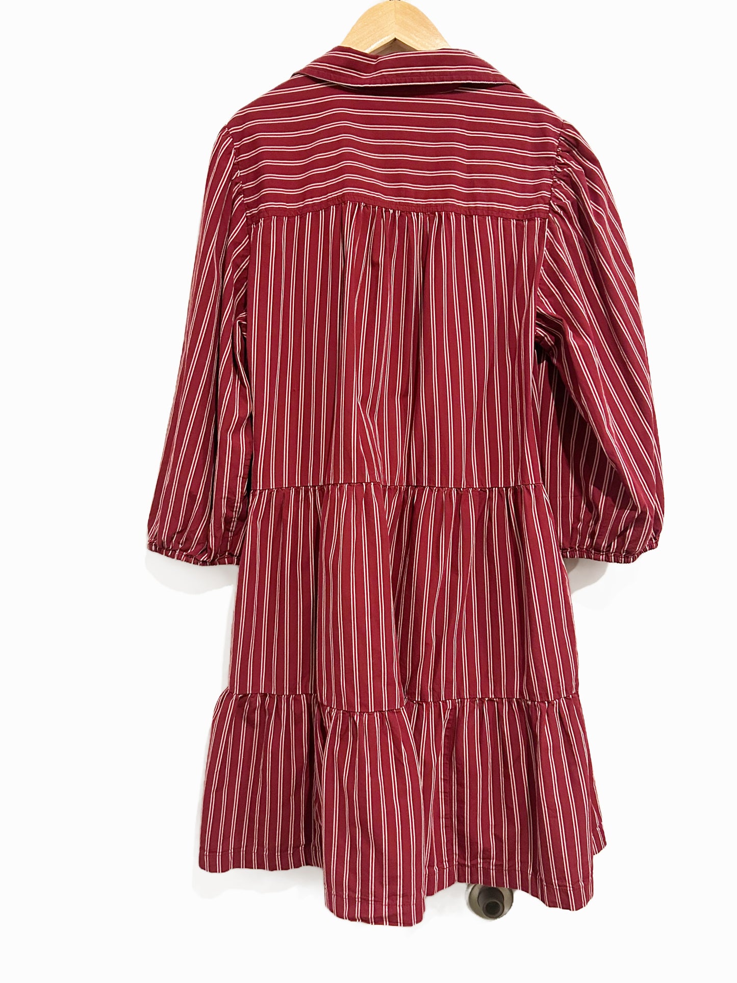 Gap Tiered Poplin Puff Sleeve Mini Dress in Burgundy Stripe - Large