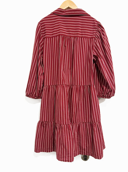 Gap Tiered Poplin Puff Sleeve Mini Dress in Burgundy Stripe - Large